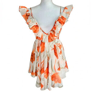 Luxxel Plunging Neckline Orange Floral Romper